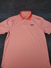 Under Armour Polo Shirt Mens Medium Orange Stripe HeatGear Golf Loose Fit