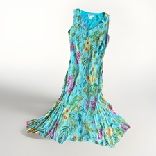 Tropical Aqua Silk Midi Dress Godet Hem V-Neck Sleeveless Chadwick’s M/L VTG