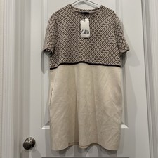 Zara Combination Geometric Print Jacquard Dress Short Sleeve Faux Suede NEW