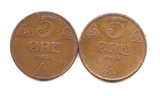 1922 &1939 Norway 5 Ore --- Nice Details !!