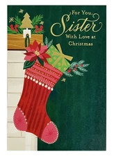 Christmas Card For Sister With Love Stocking Gold Foil Accent Hallmark Card NEW