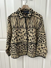 Jane Ashley Black and Tan Animal Print Tapestry Jacket sz XL Vintage Leopard