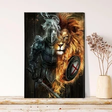 Mighty Warrior of Faith Canvas, Christian Knight and Lion Art,Armor of God Decor