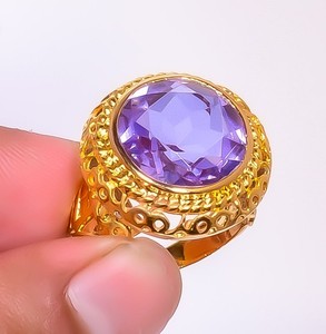 Authentic Amethyst Gemstone 18k Gold Plated Ring s.8 R7623-548