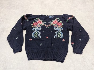 Vintage Herman Geist Pullover Damen M Blumen Wollmischung Strick handbestickt Oma