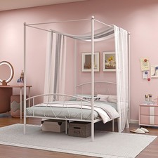 Size Metal Canopy Bed Frame 4-Poster Modern Platform Wooden Slat Support Double