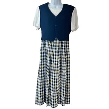 ALLISON CHE 90s Midi Dress Black White Gingham Daisy Print Vest M/L Librarian