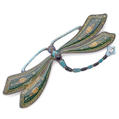 Antique Art Nouveau Rhinestone Enamel Dragonfly Large Brooch Pin