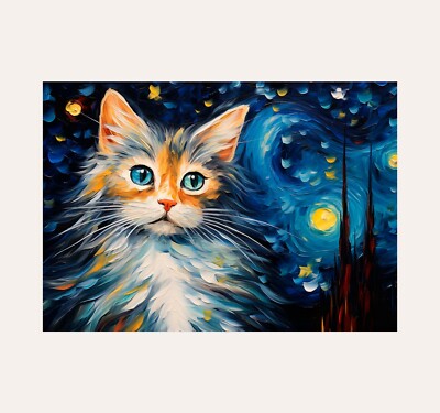 Cat in Starry Night Poster Print American Curl Cat 3