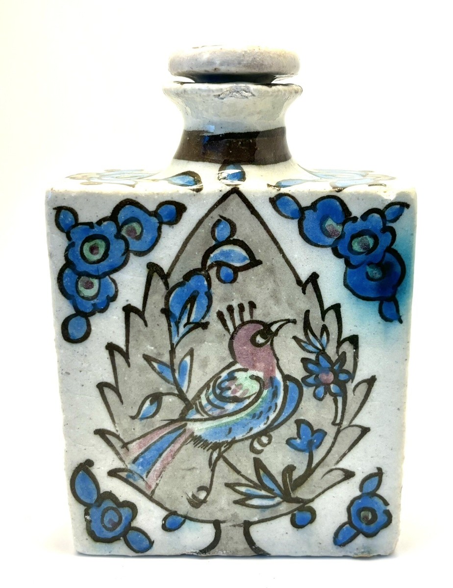 Antique Iznik Bottle Flask With Lid And Dish Bird Flower Persian
