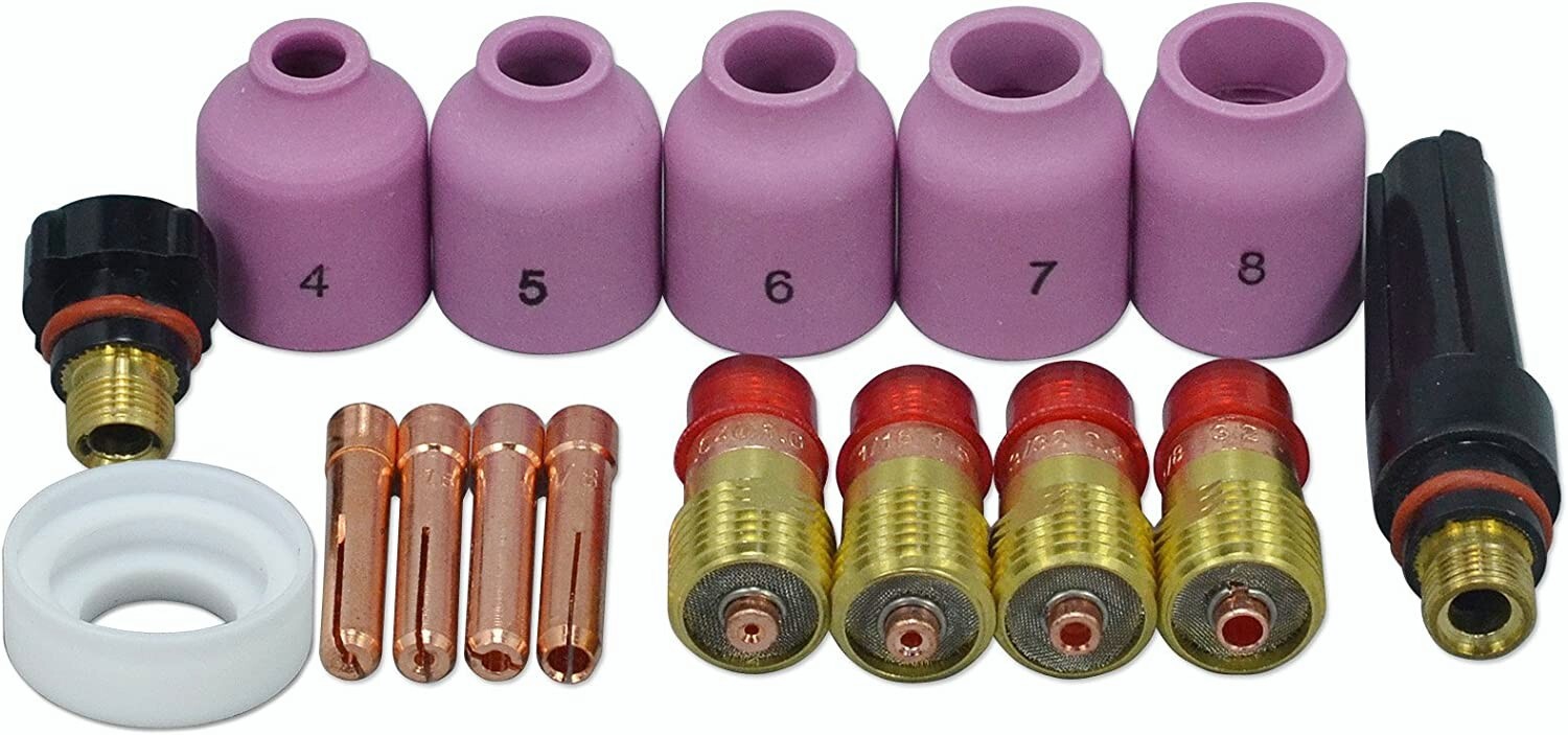 TIG Stubby Gas Lens Collets Alumina Nozzles Back Cap Kit WP 17 18 26 Torch 16pcs