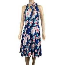 Eliza J Halter Dress Size 12 Fit & Flare Blue Floral Fully Lined Sleeveless