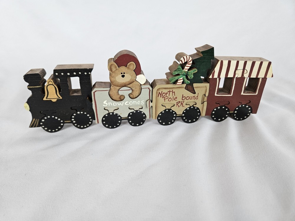 VTG Wooden Jigsaw Puzzles Christmas Train Painted 3 × 10 Inches