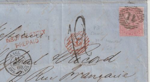 1860 LETTERA 4d TO FRANCIA PD ANNULLATA DA RED LONDON =50= INSUFFICIENTEMENTE PREPAGATA - Foto 2 di 3