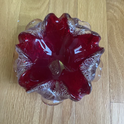 Vintage Mid Century Modern Murano Art Glass Red Argento Silver Ashtray Dish