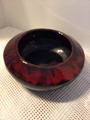 Vtg Low Profile Planter Black W/red Drip Glaze 9.5  X 4 