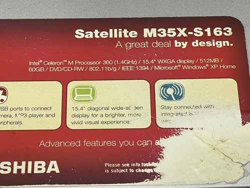 Toshiba Satellite M35X-S163 15.4" Laptop Celeron M 360 1.4GHz NO HDD - Picture 9 of 10