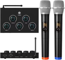 Portable Karaoke Microphone Mixer System Set, Dual UHF Wireless Mic HDMI/Optical
