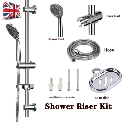 Adjustable Slider Rail Shower Riser Kit With Soap Bar Holder Hose Head Set UK