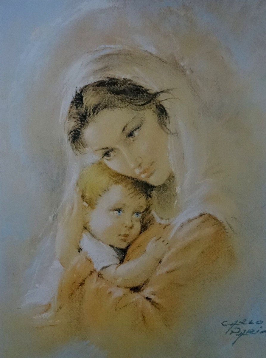 Peinture Murale Carlo Parisi - Marie Avec Jésus, Icône Avec Cadre, 56x46 Cm