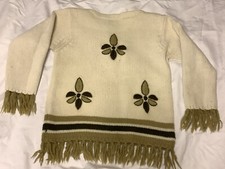 Women  s Virgin Wool Sweater White Green Fringe S/M Elliot Imports 1960  s Cute