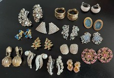 Vintage Lot Of Clip Earrings Silver/Gold Tone Rhinestone Glass 15 Pairs