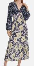Rixo Women's Blue V Neck Silk Lightweight Floral Melanie Mixed Print Dress L