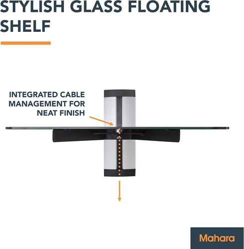 Black Glass Floating Shelf - Single Tempered Glass Shelf Unit with Silver Cable - Picture 3 of 6