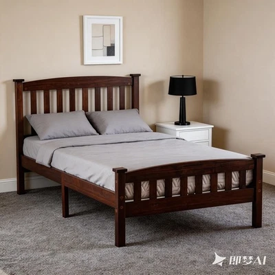 双人尺寸木质床架平台床带拱形床头板实心松木咖啡 — 第 1/4 张图片