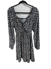 Black With White Micro Flowers Faux Wrap Long Sleeve Dress