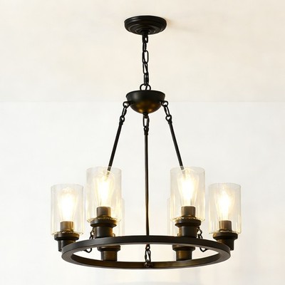 Black 24'' Pendant 6 Lights Wagon Wheel Farmhouse Chandelier Living Room Fixture