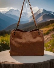 American Leather Co Tan Hand Tooled Leather Handbag Purse Southwestern Design 