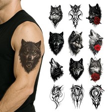 12 Sheets Large Wolf Tribal Temporary Tattoos for Men Women 7.4"x4.7" Blac