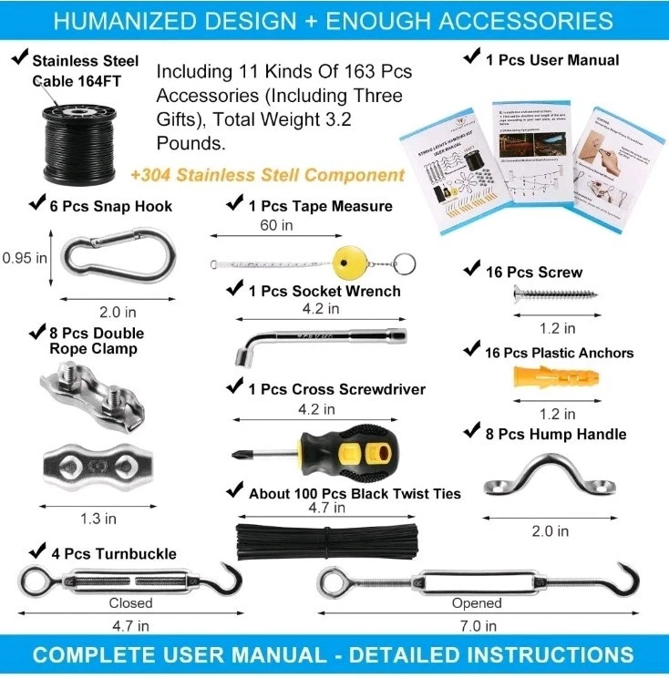 String Light Hanging Kit With 164 Ft Nylon Coated Stainless Steel 304 Wire Rope  - Image 2 of 4