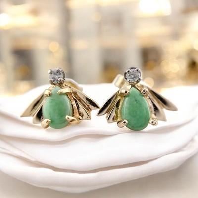 Nachlass 14 Karat Gelbgold natürliche Jade & Diamant Insekt Ohrstecker