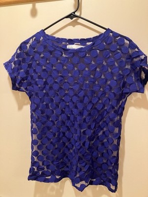 Ki-Line Blue Polka Dot Mesh Crew Neck Short Sleeve Sheer Blouse S
