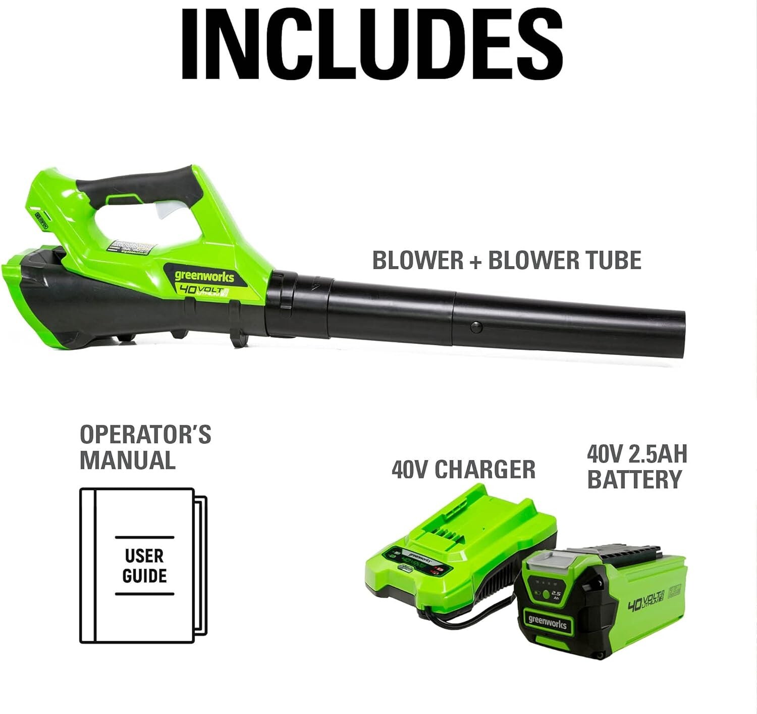 Greenworks 40V (110 MPH / 390 CFM) Cordless Blower, Battery and charger included