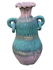 Pottery Mexican Jug Primitive Vase Painted Distress 12" Green & Brown Clay VASE