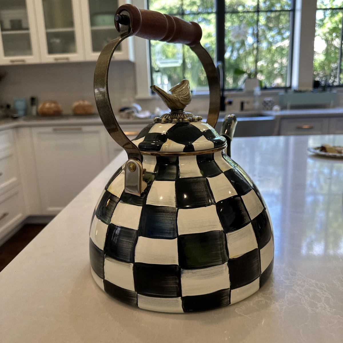 Mackenzie Childs Courtly Check Enamel Tea Kettle Teapot 3 Qt Bird