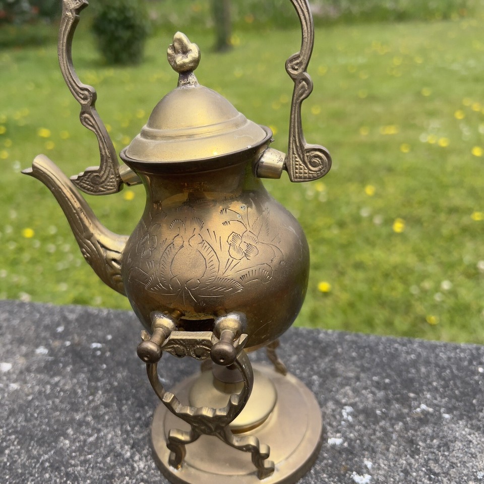 Vintage Brass Kettle On Warmer stand Beautiful Spirit Antique Home