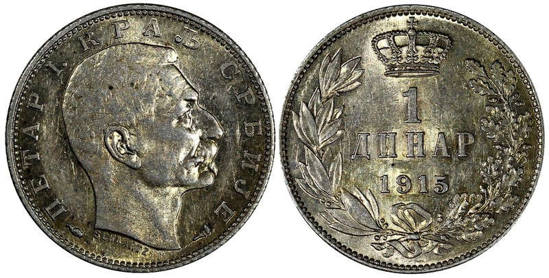 Serbia  Peter I (1903-1918) Silver 1915 1 Dinar Mint Luster Toned KM# 25.3 (387)