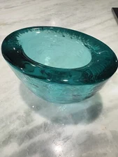 FIRE And LIGHT Recycled Thick Glass Teal green Wide Lipped Oval Vase