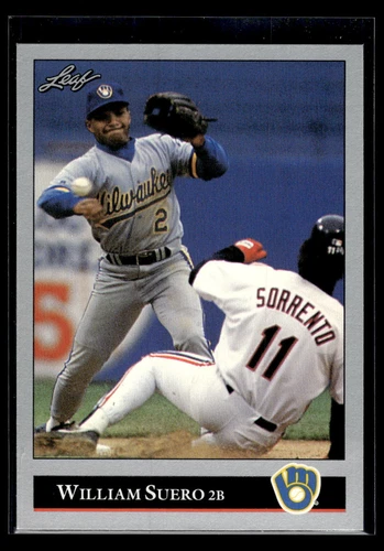 1992 Leaf #475 William Suero card, Brewers uniform, pitching to Sorrento, mint condition.