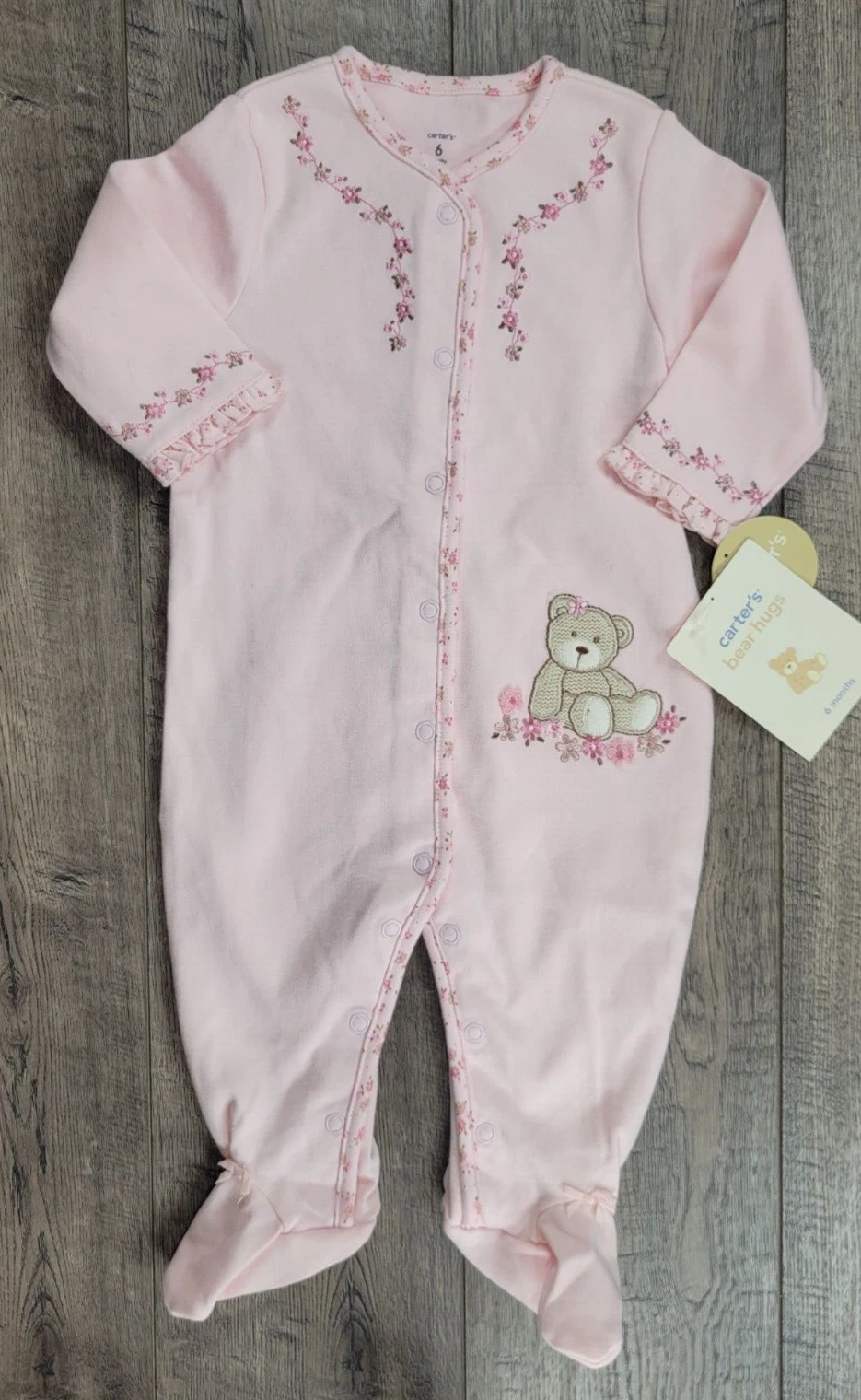 Baby Girl Clothes, New Vintage Carter's 6 Month Pink Bear Hugs Footed Outfit