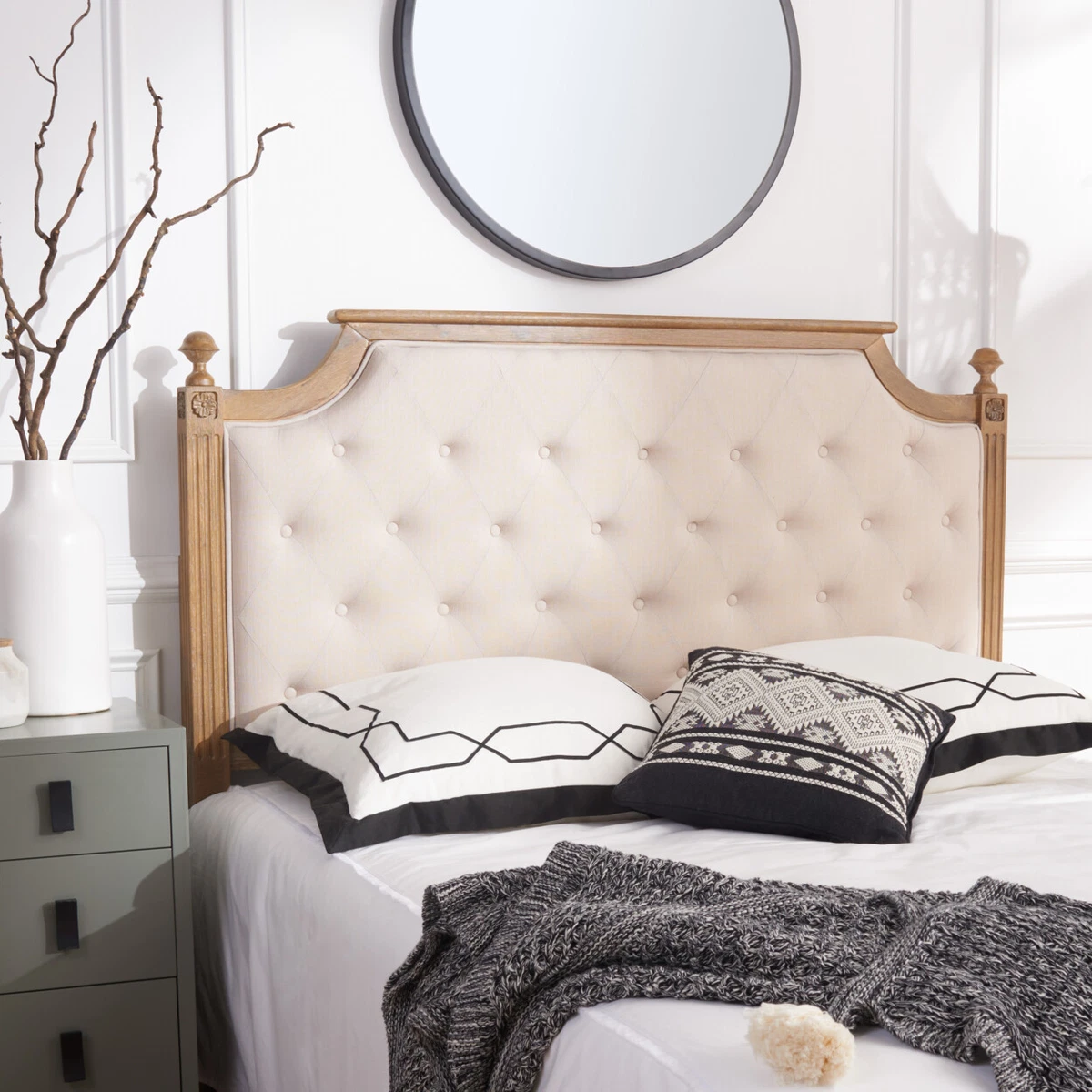 SAFAVIEH Rustic Wood Beige Tufted Linen Full Headboard Beige