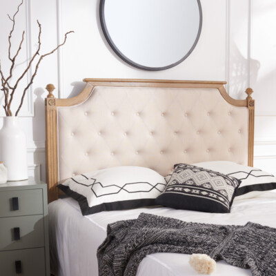 SAFAVIEH Rustic Wood Beige Tufted Linen Full Headboard | Beige / Rustic Oak |
