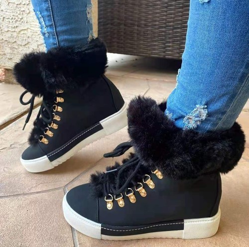 New Winter Women's Casual Lace Up Low Heels Shoes Warm Fur Trim Snow Ankle Boots - Picture 8 of 18