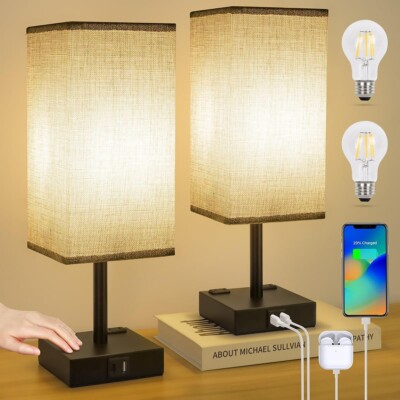 Bedside Lamps Set of Touch Table Lamps with USB-C USB-A