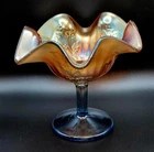 Antique Fenton Holly Pattern Marigold Ruffled Bowl Blue Pedestal Carnival Glass
