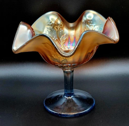 Antique Fenton Holly Pattern Marigold Ruffled Bowl Blue Pedestal Carnival Glass